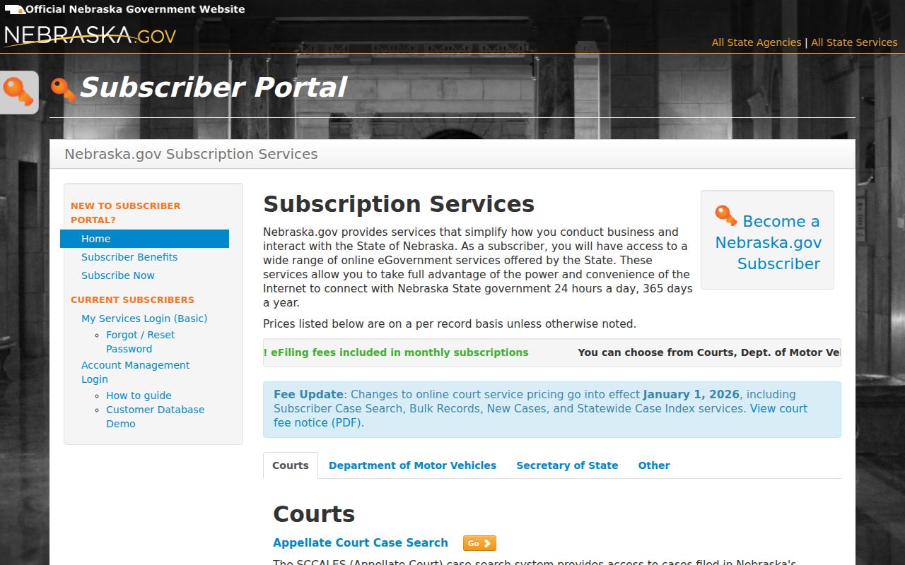 Seward County case search subscriber pricing and search-method screen