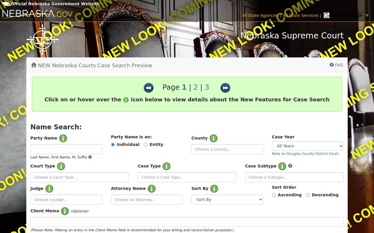 Seward County case search demonstration showing party-name and court filters