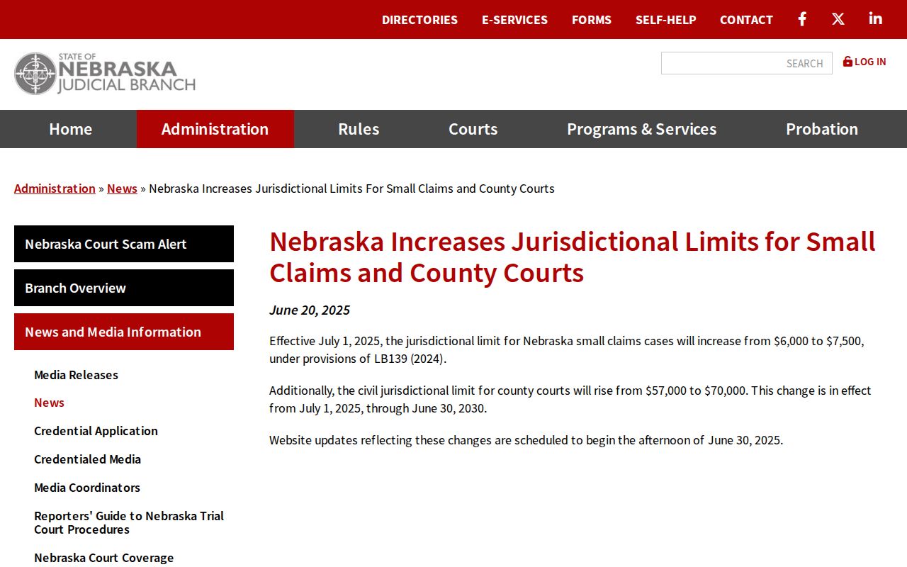 Seward County civil docket current small claims and County Court limits announcement