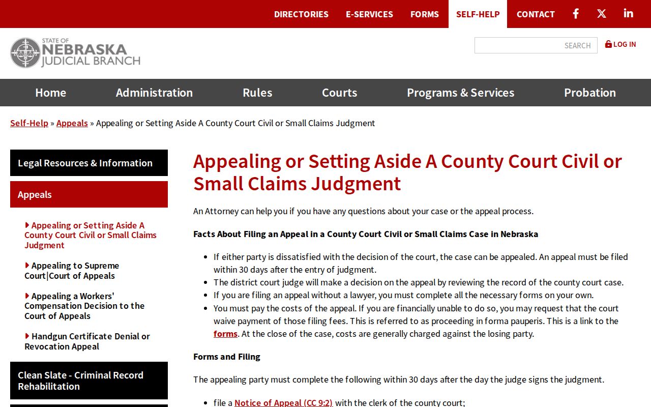 Seward County civil docket appeal and small claims judgment source