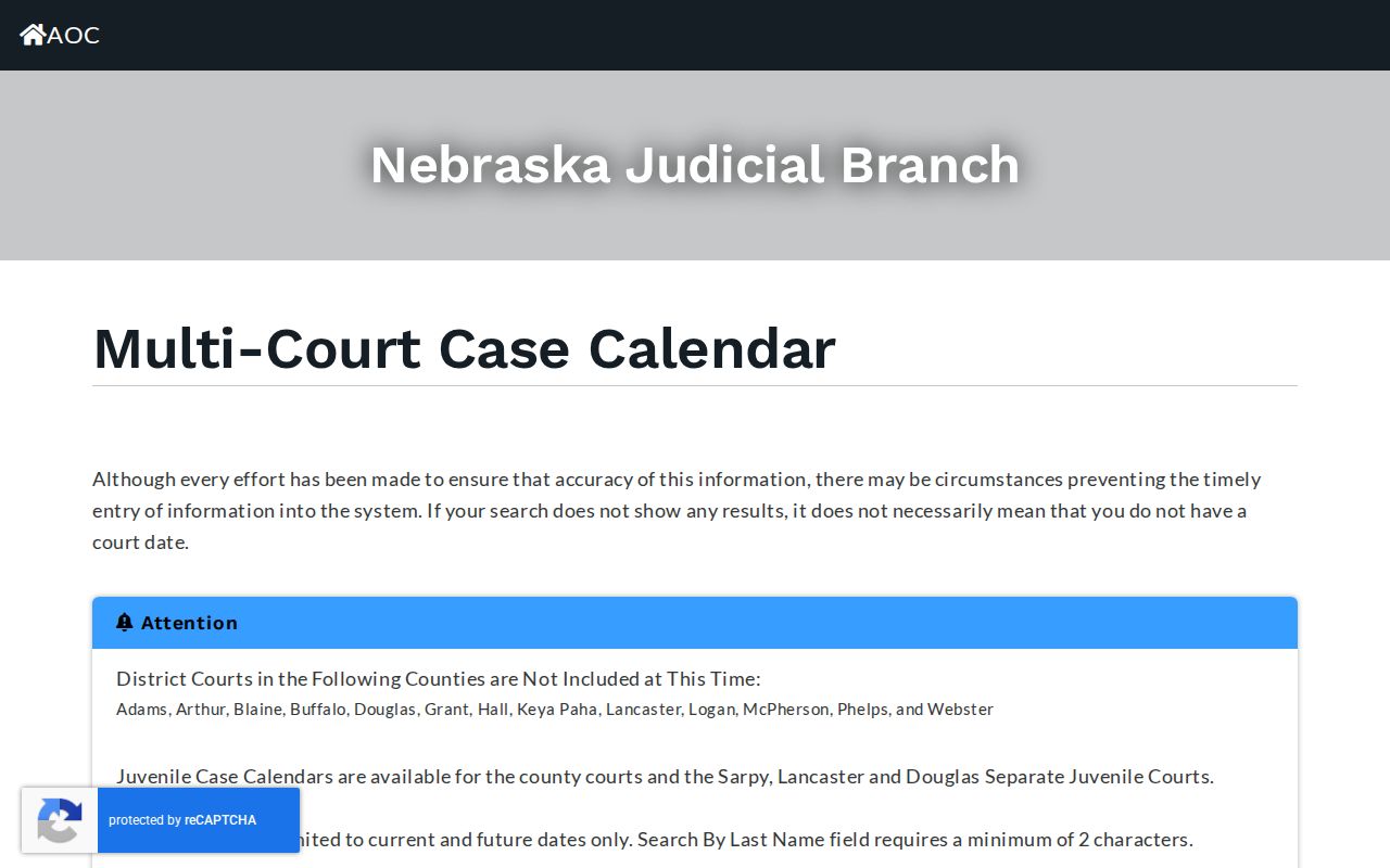Seward County court calendar Nebraska Multi-Court Case Calendar search controls