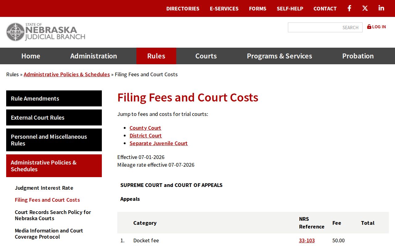 Seward County court records filing-fee and court-cost schedule