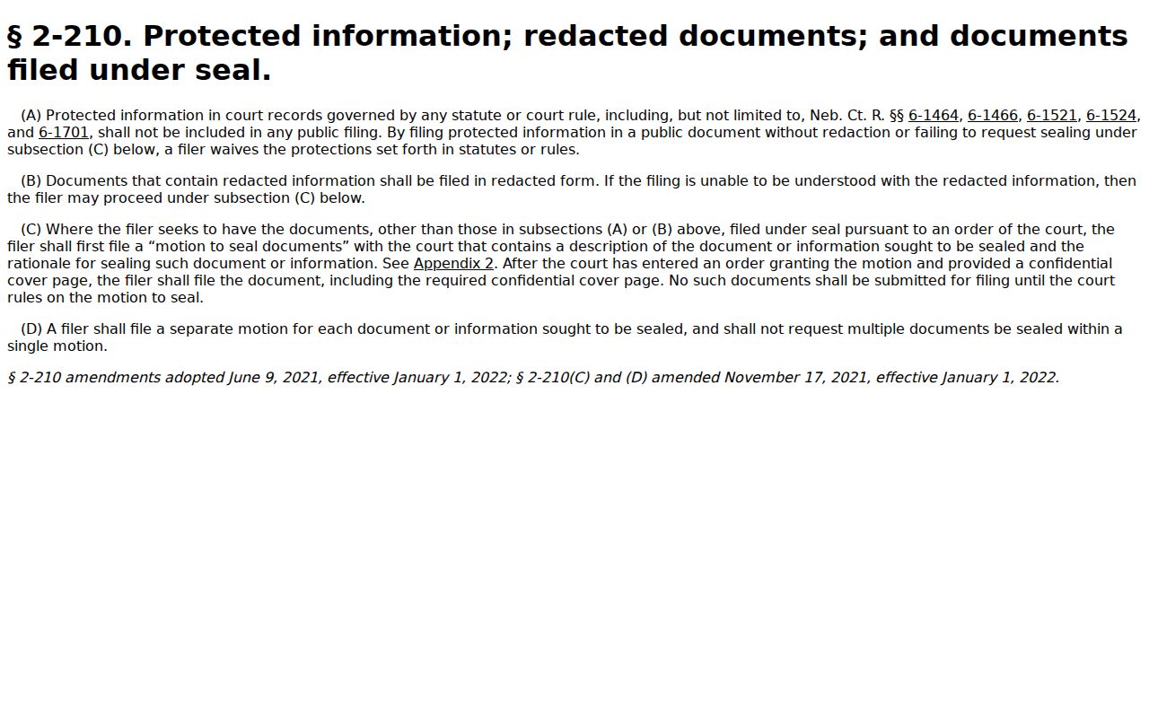 Seward County criminal docket protected-information rule source