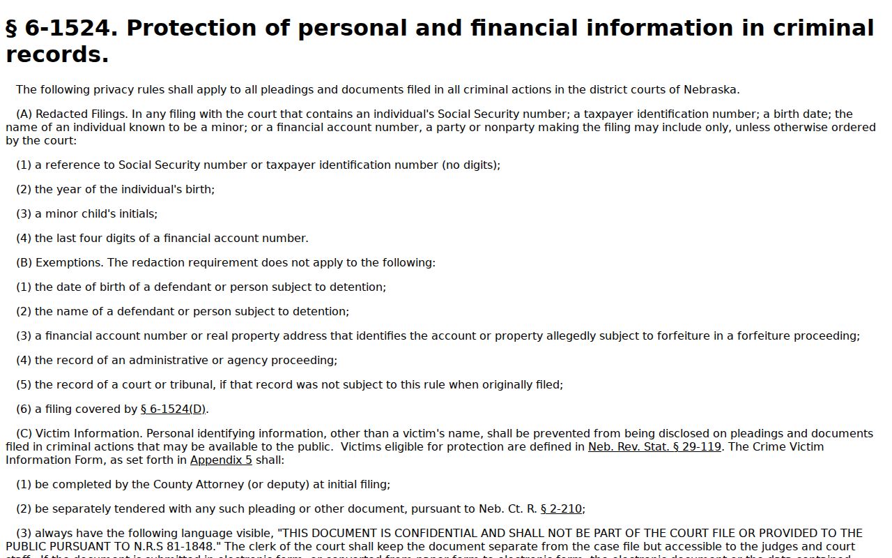 Seward County criminal docket District Court redaction rule source