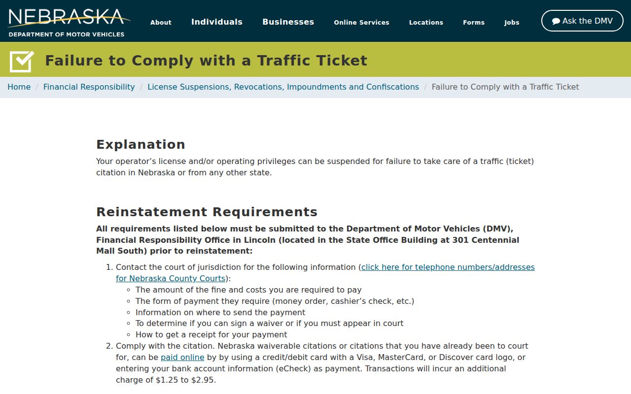 Milford court docket citation compliance and Nebraska DMV information