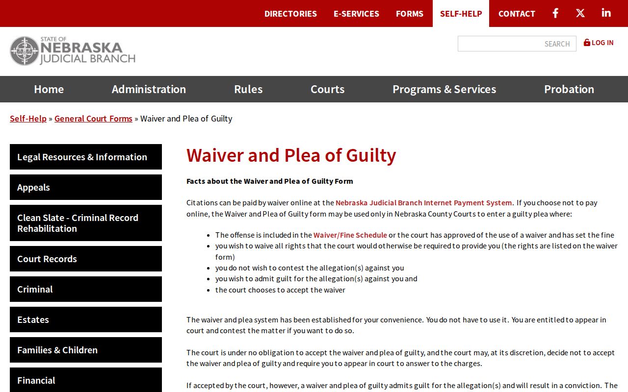 Seward County traffic court records waiver and guilty plea information
